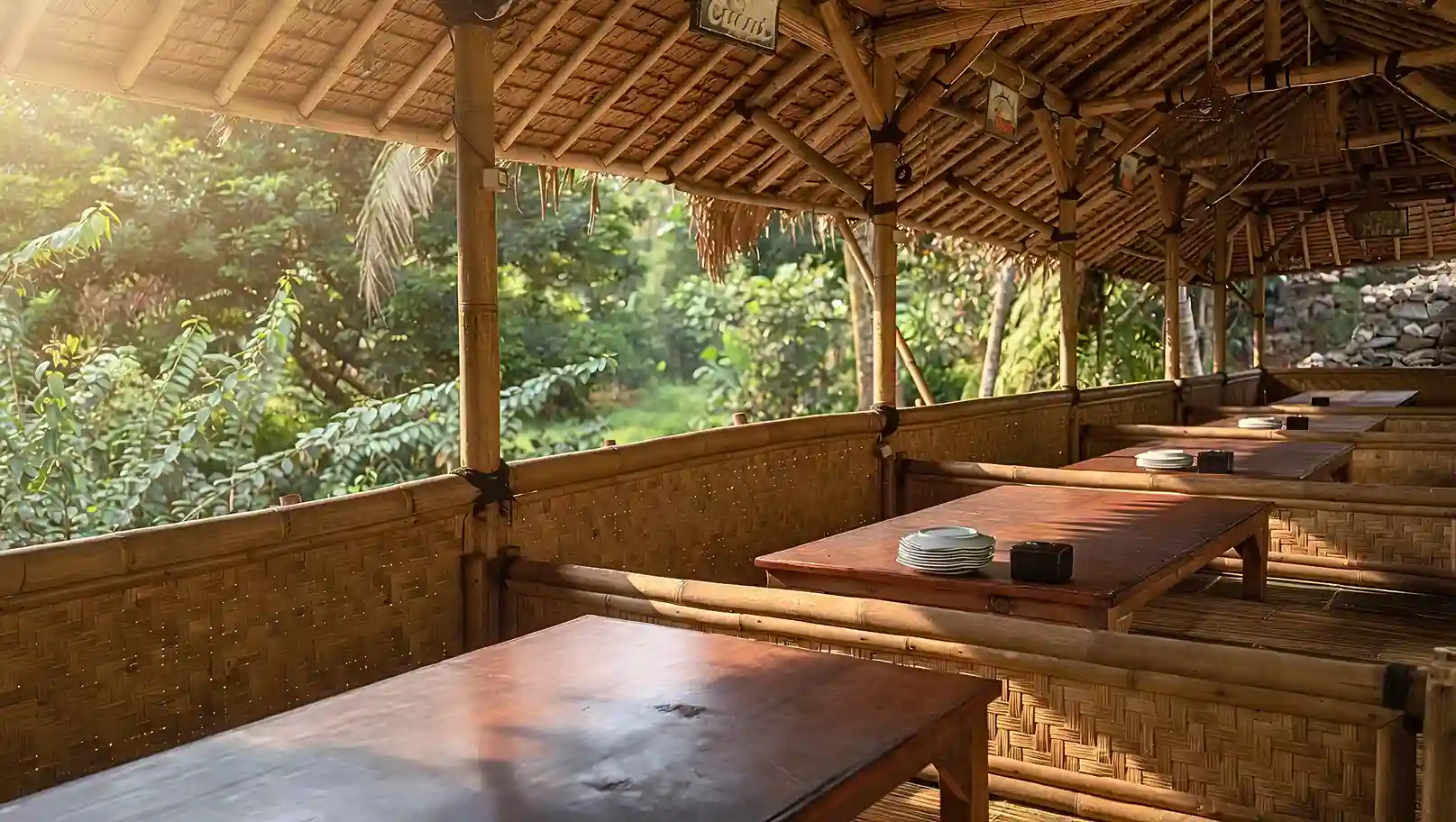 Tampak dalam saung bambu Warung Papatong